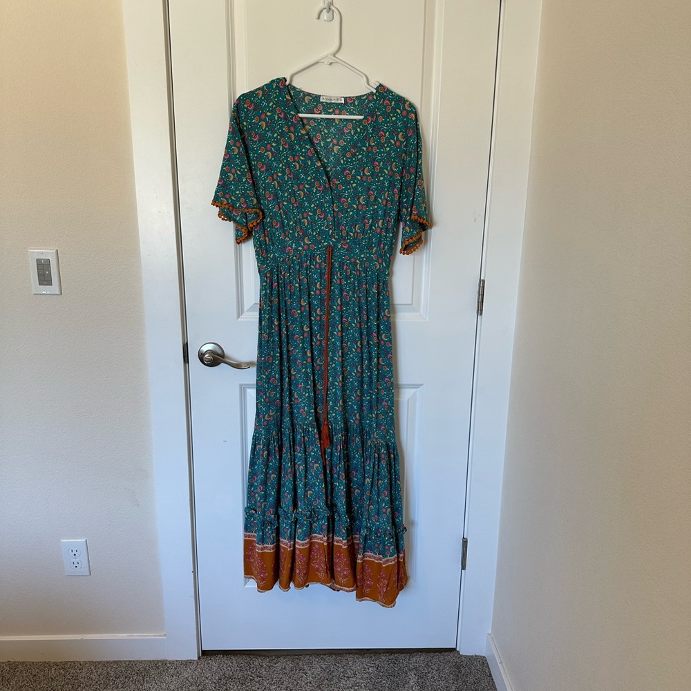 Cotton Boho Floral Maxi Dress | Tassel Tie Waist | Size Medium - Picture 9 of 12